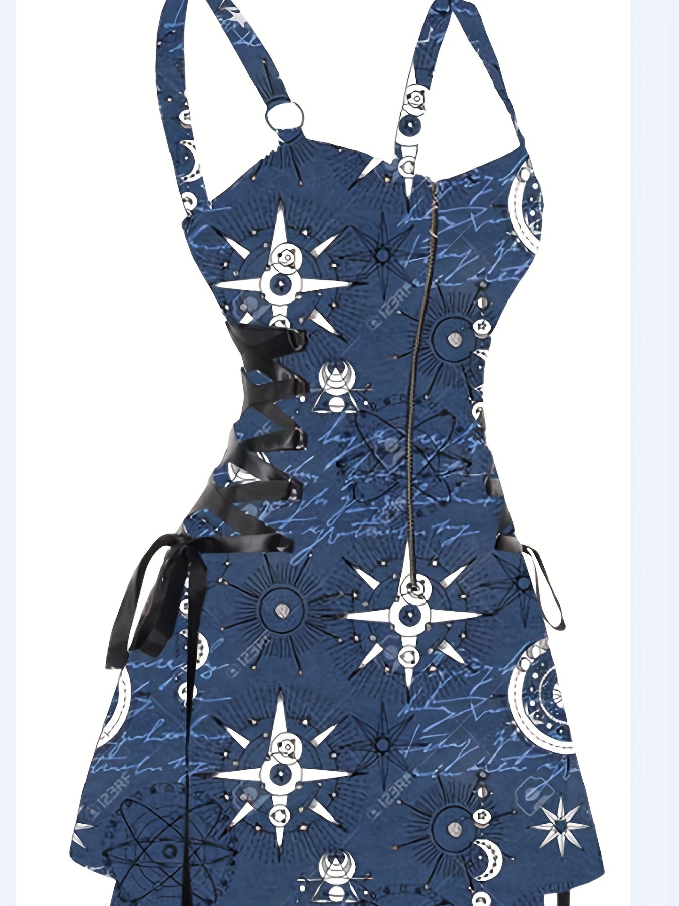 Sun & Moon Print Dress, Casual Ring Linked Backless Dress, Women's Clothing For Party Dressing